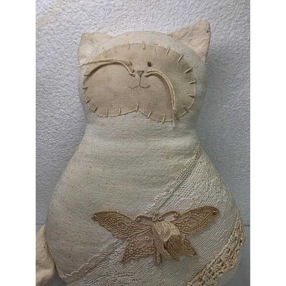 Vintage Handmade Fabric Cat Plush, Shabby Chic Lace Kitty Doll Cottagecore Decor - Picture 3 of 6